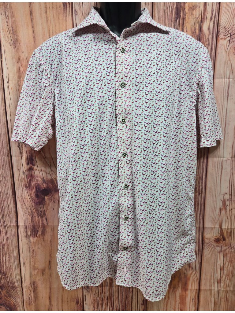 Johnnie-O Mens Flamingo Print Short Sleeve Button-Up Shirt Medium Hangin Out